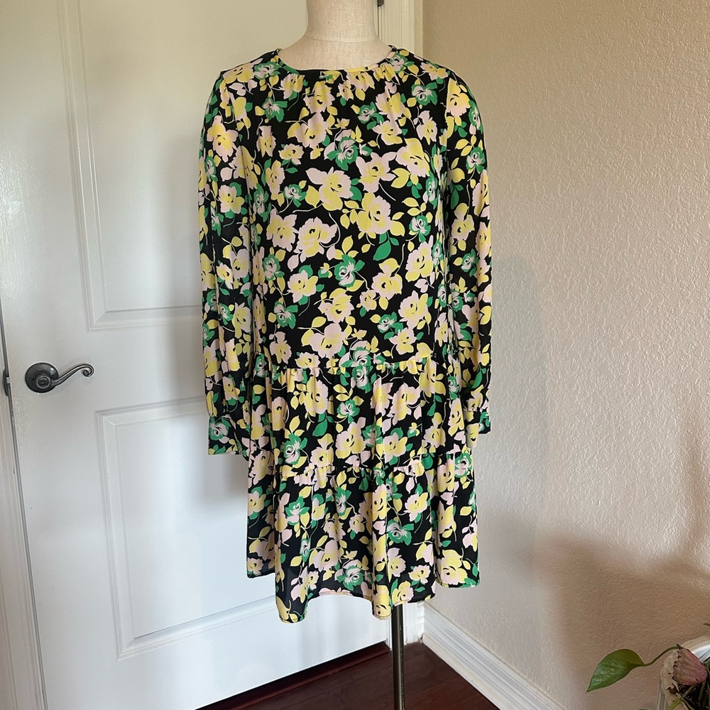 Who What Wear Black and Yellow Floral Long Sleeve Dress